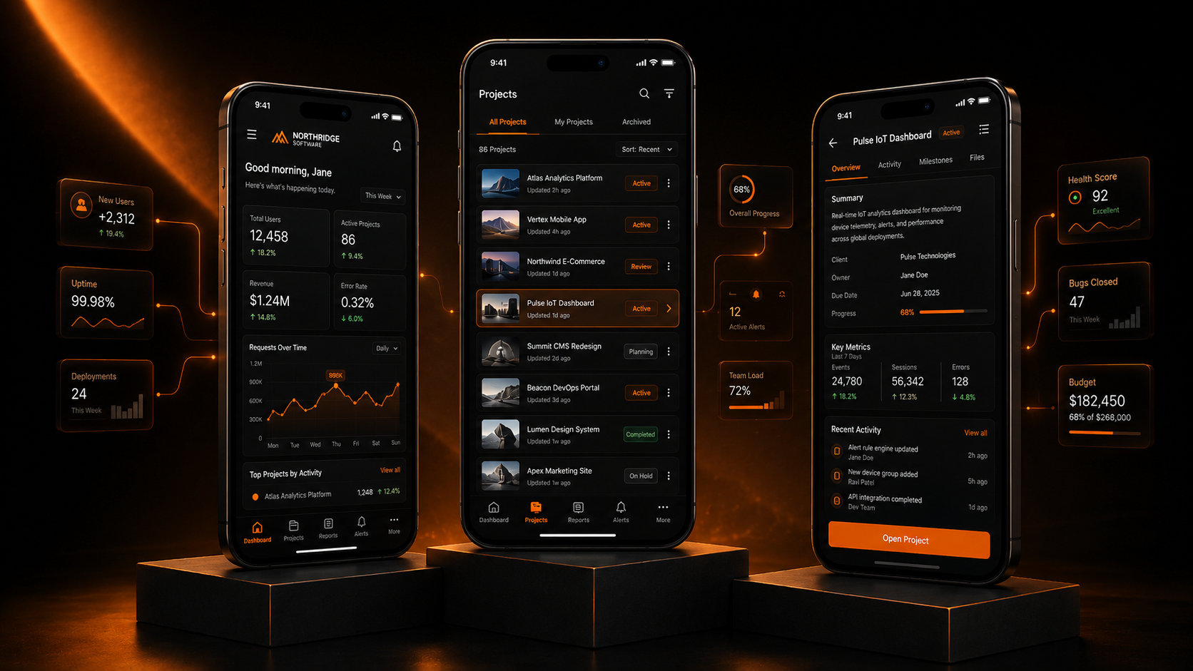 Three mobile app screens: home dashboard, project list and project detail view