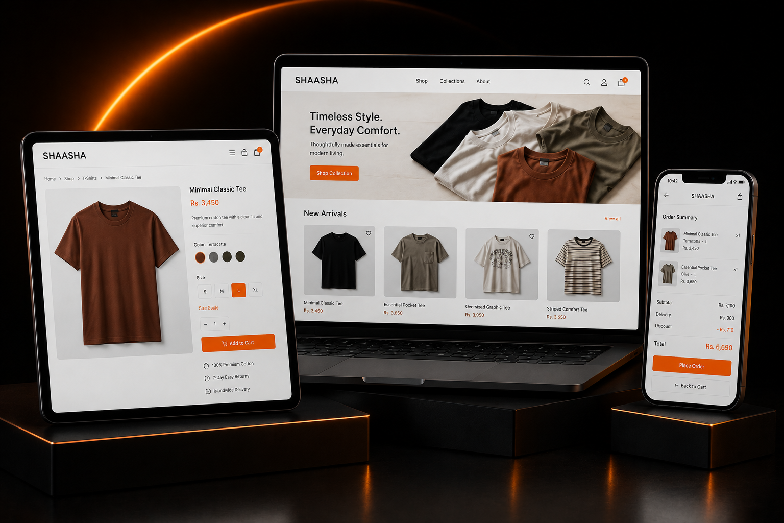 Shaasha online T-shirt store shown on tablet, laptop and phone