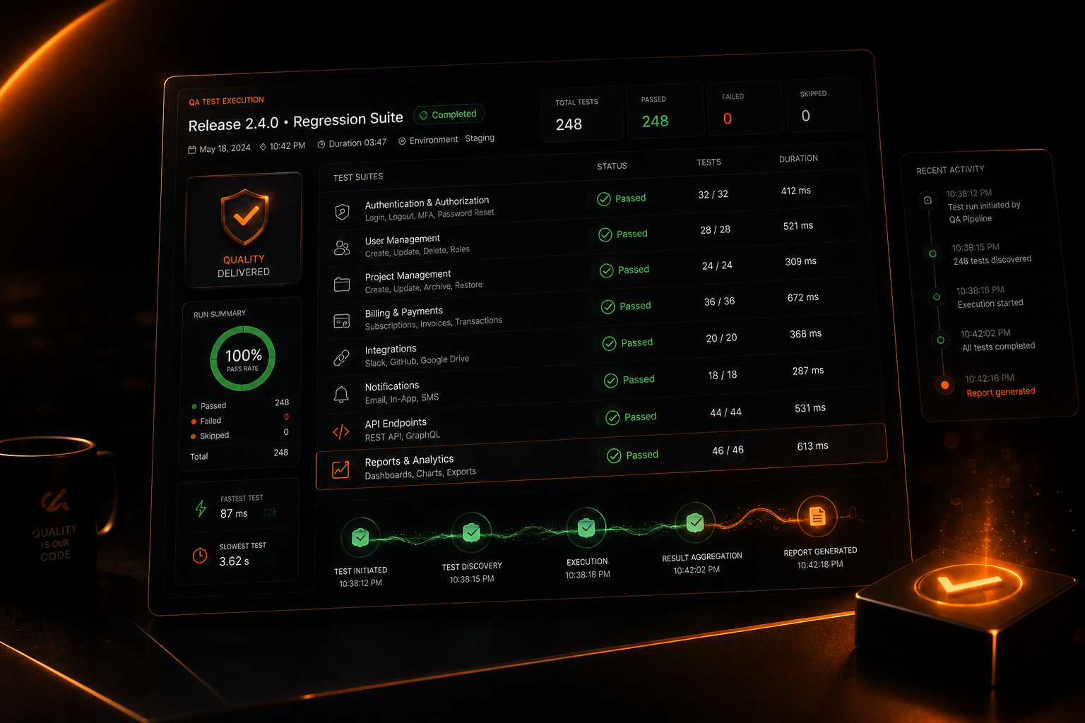 QA regression suite report showing 248 tests passed, zero failed, and a 100 percent pass rate